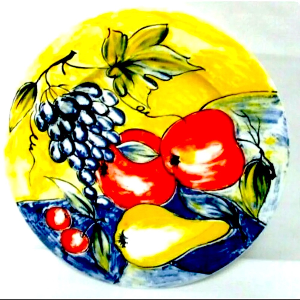 5 Pier 1 Italy 8 1/4" Yellow Blue Red Fruit Pear Apple Grapes Luncheon Plates